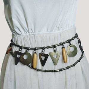 Geometric Shape Charm Belt Vintage Brass Wood Versatile Adjustable Chain Closure